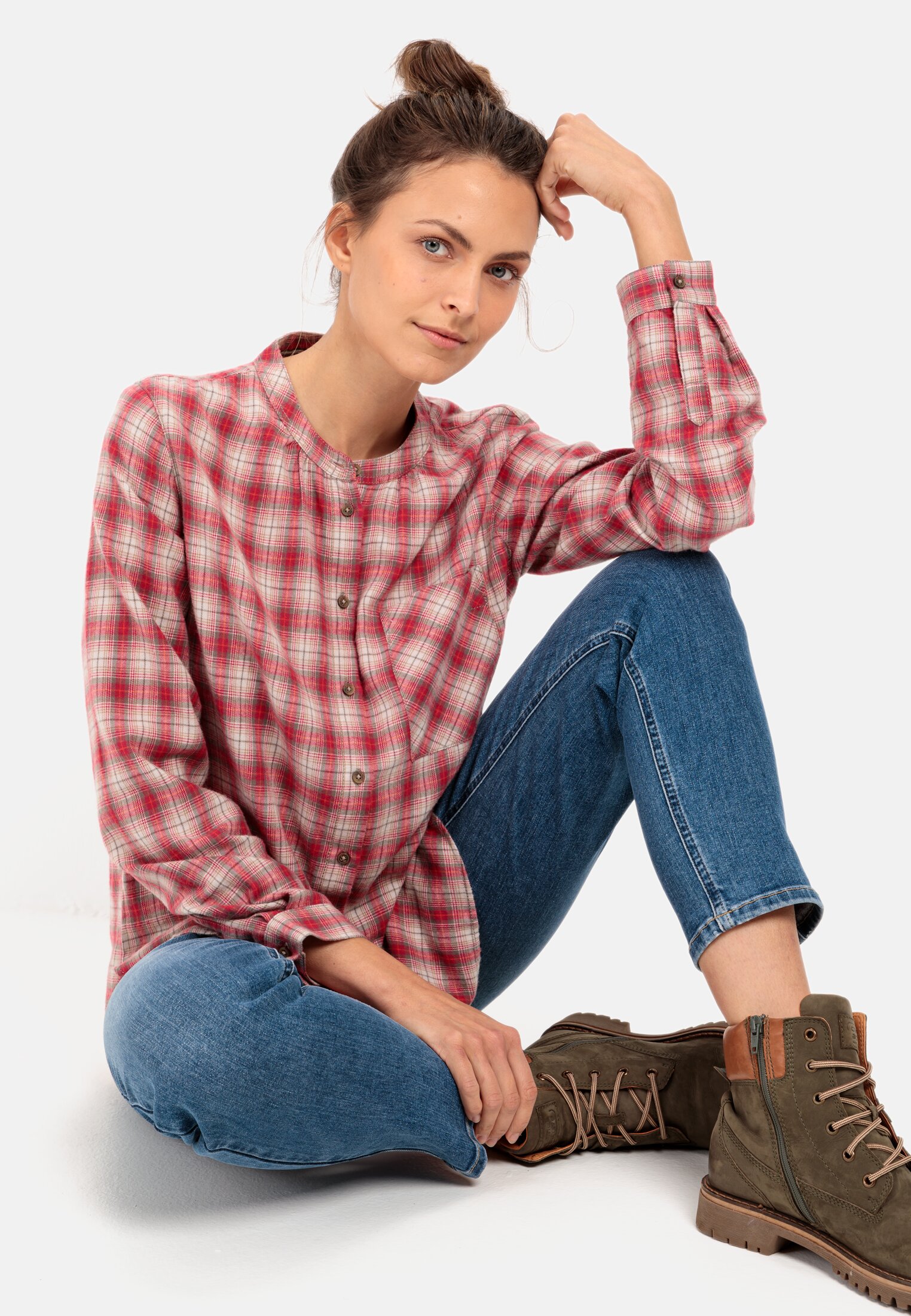 Camel Active Light flannel checked blouse with stand-up collar